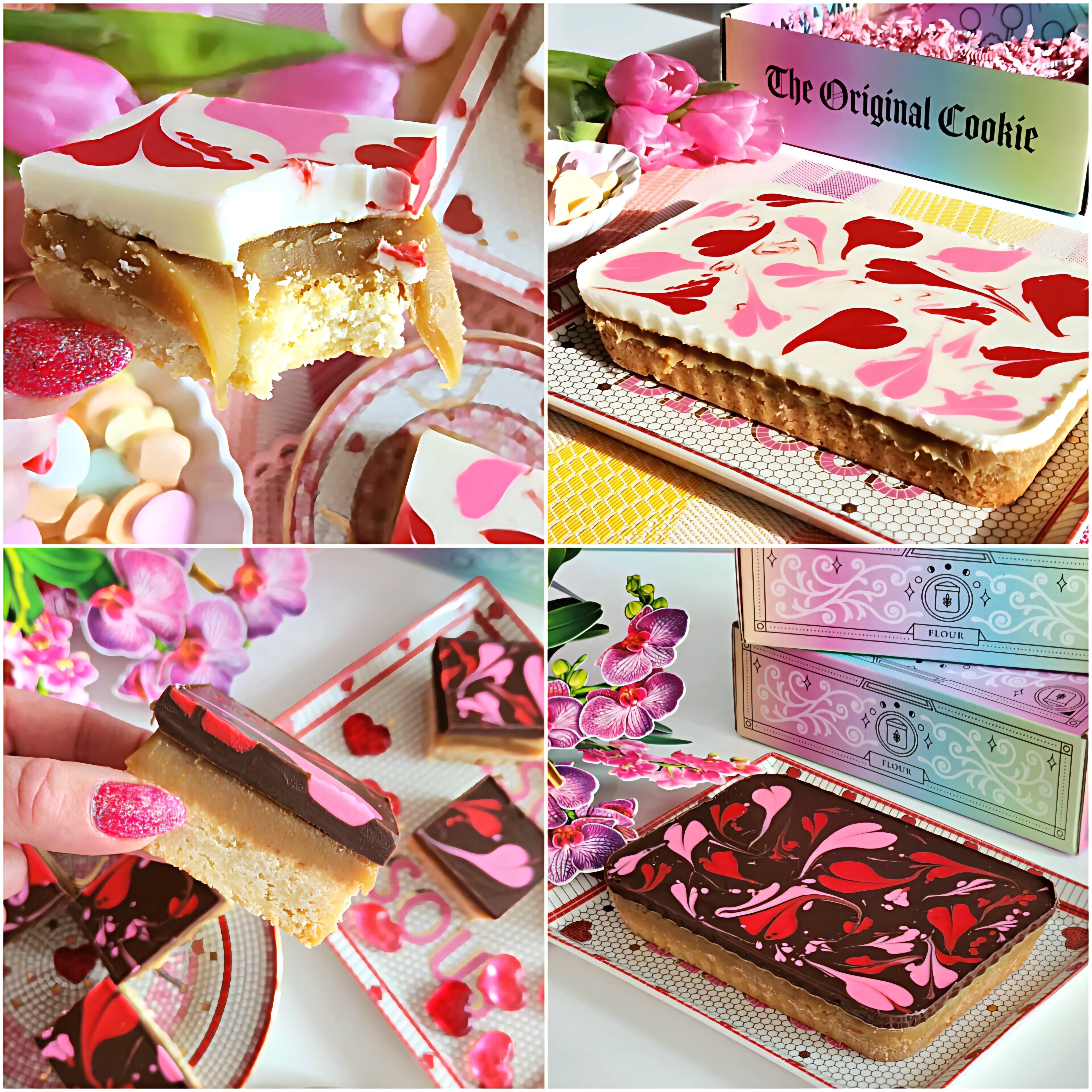 Collage of Valentine's Day-themed shortbread with heart designs and colorful packaging.